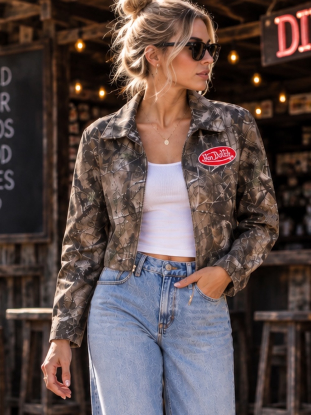 VON DUTCH NWT Cropped Camo Jacket Orange Logo Embroidery Size M